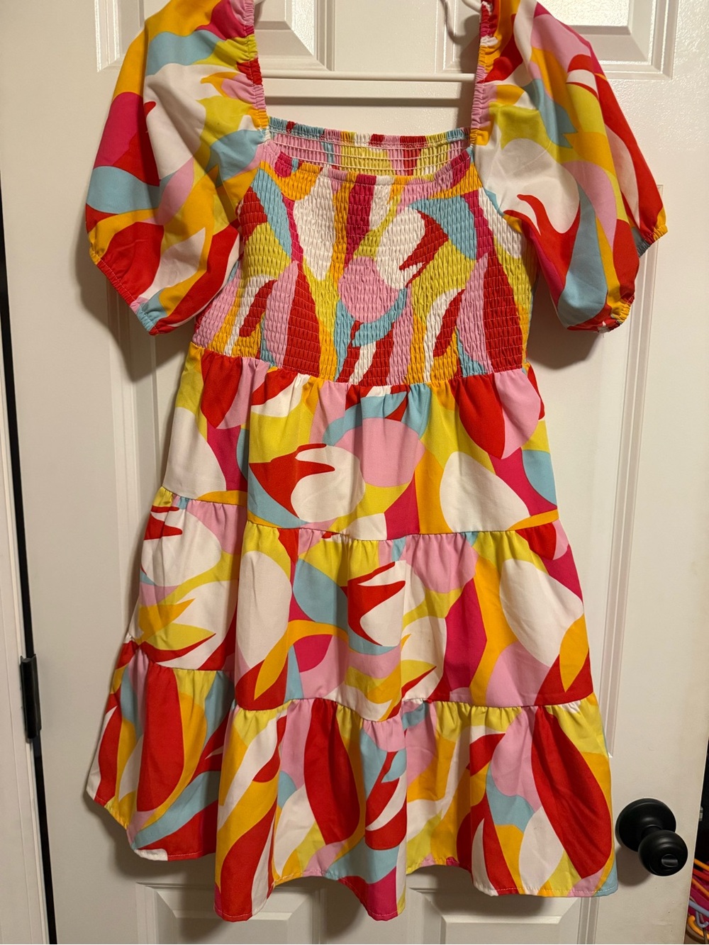 Bright Multicolor Puff-Sleeve Kids Dress - Vibrant Print